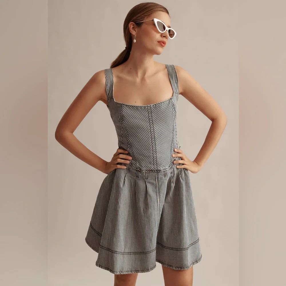 Pilcro Square-Neck Tie-Back Striped Denim Mini Dress